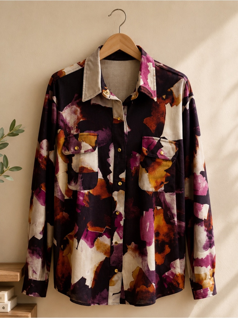 Thomas & Olivia 2X Abstract Print Button Front Blouse Purple Gold